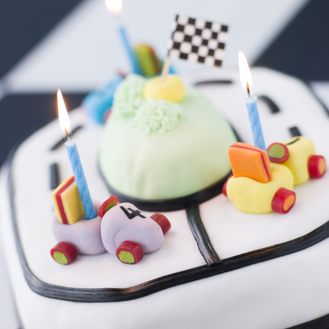 A karting themed cake for children's parties